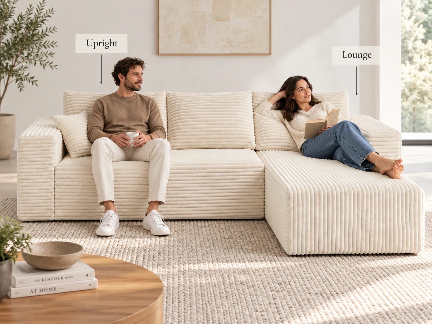 Two illustrated adults compare an upright position with a back cushion and a reclining position on the short chaise.