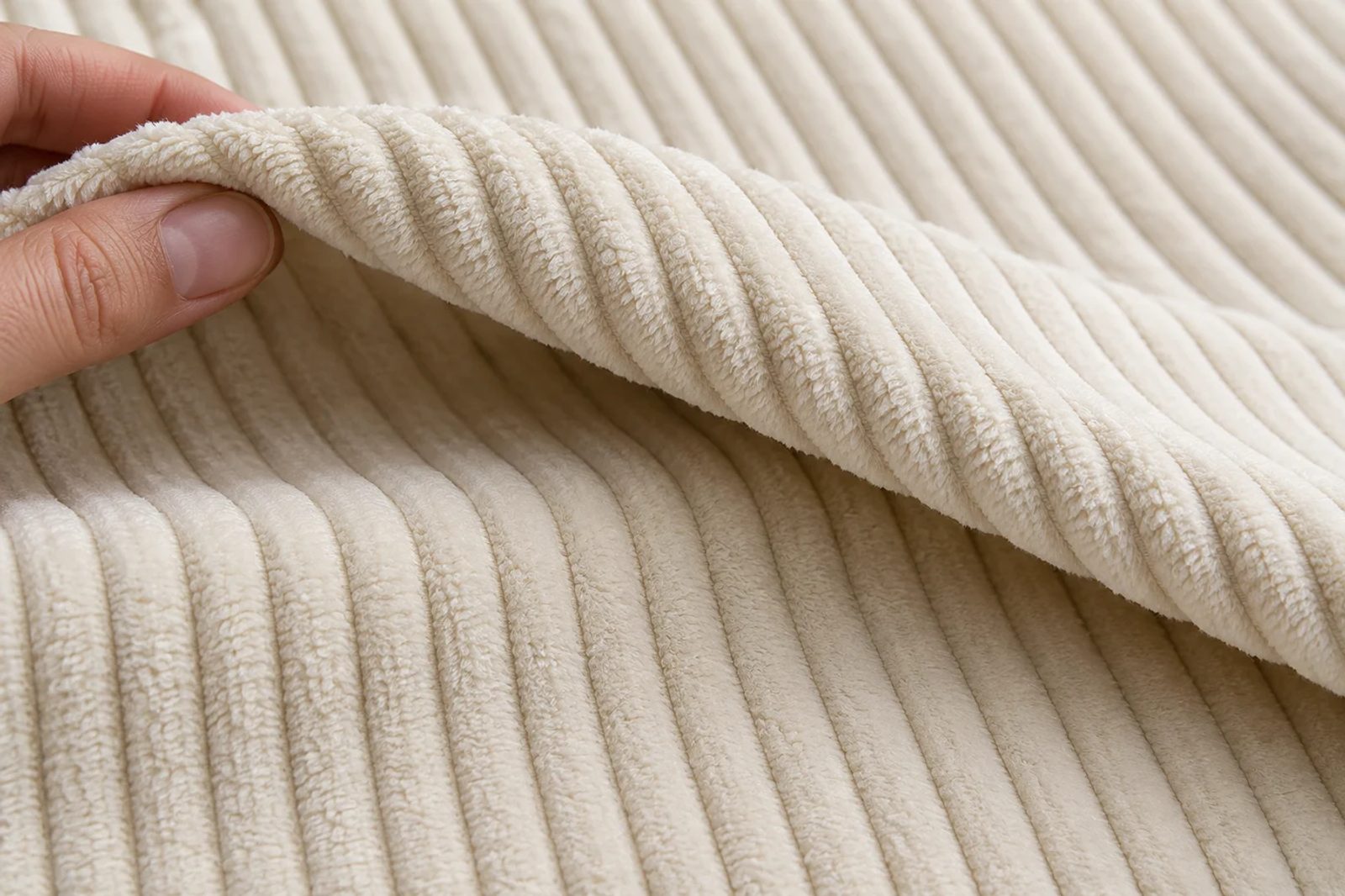 Broad cream corduroy ribs catching light across a folded sample viewed from different angles.