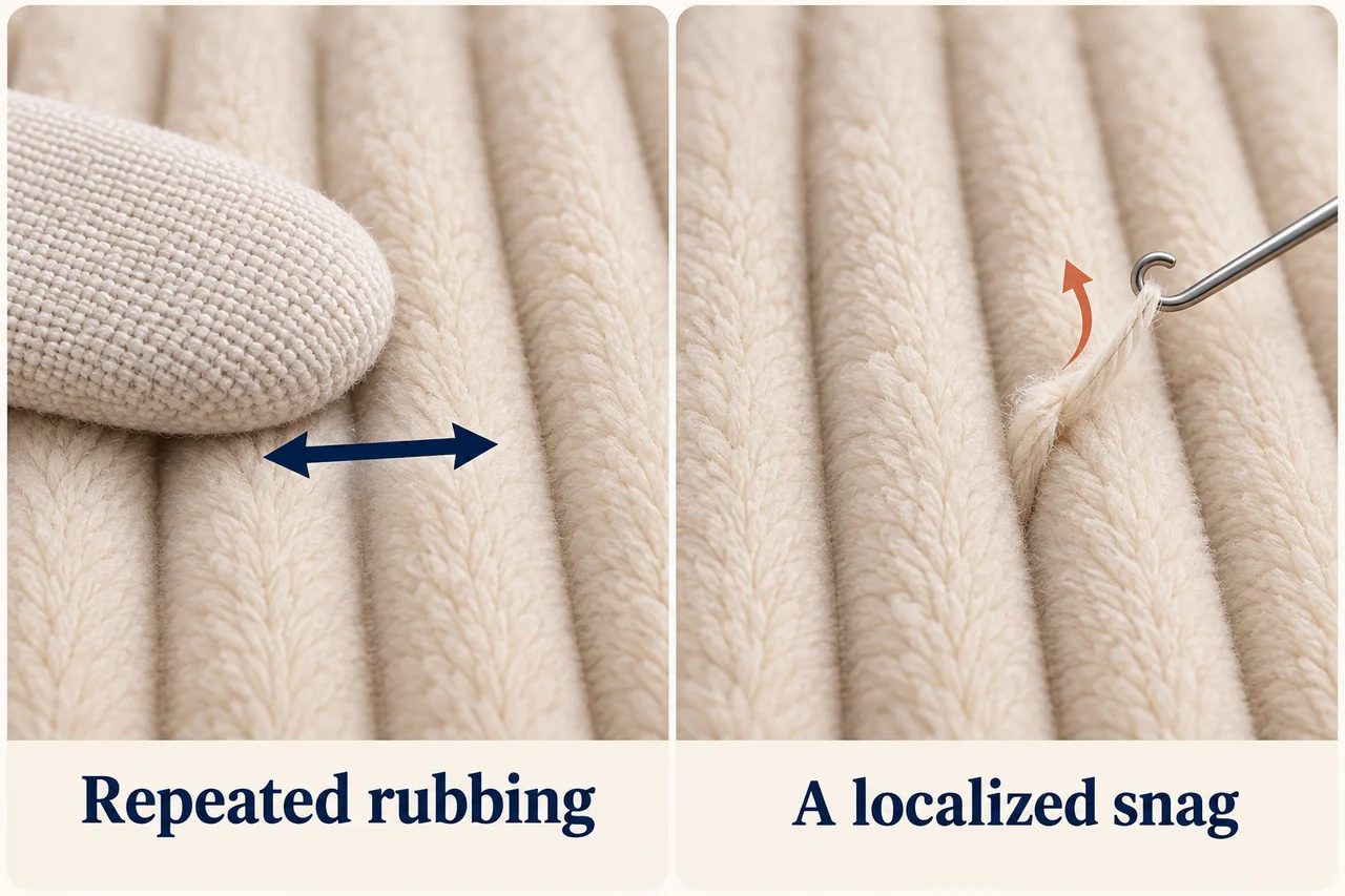 Two diagrams distinguish repeated surface rubbing from a hook catching one corduroy yarn.