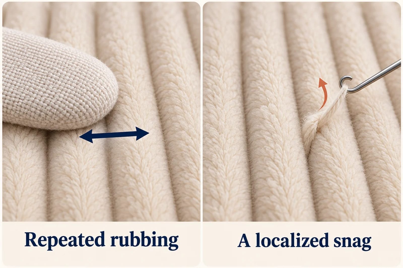 Two diagrams distinguish repeated surface rubbing from a hook catching one corduroy yarn.