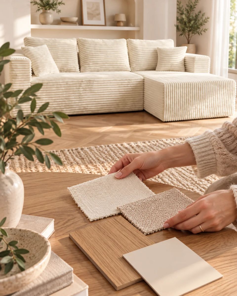 Hands comparing neutral upholstery samples beside oak finishes and a cream corduroy sectional