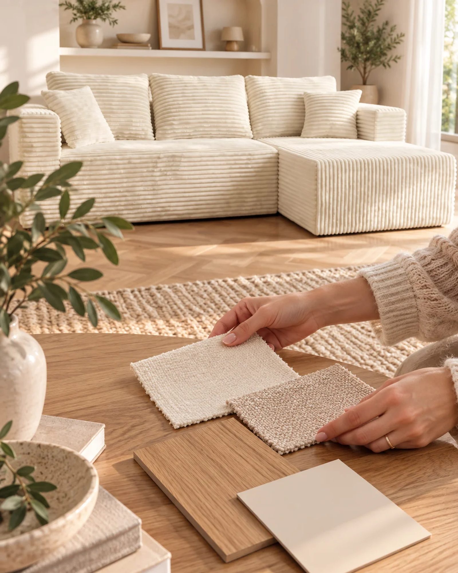 Hands comparing neutral upholstery samples beside oak finishes and a cream corduroy sectional