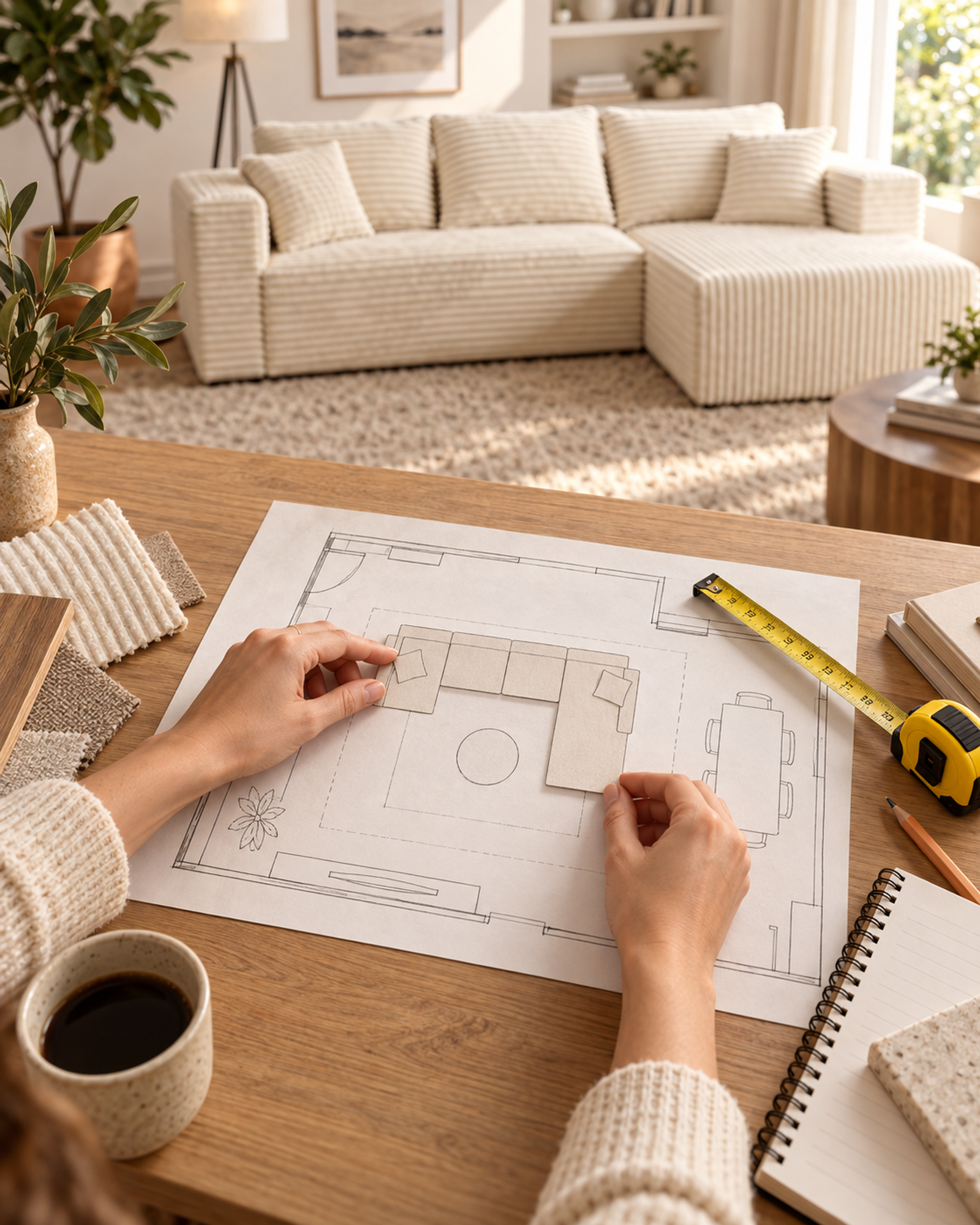 Hands arranging a paper sofa layout on a room plan beside a tape measure.
