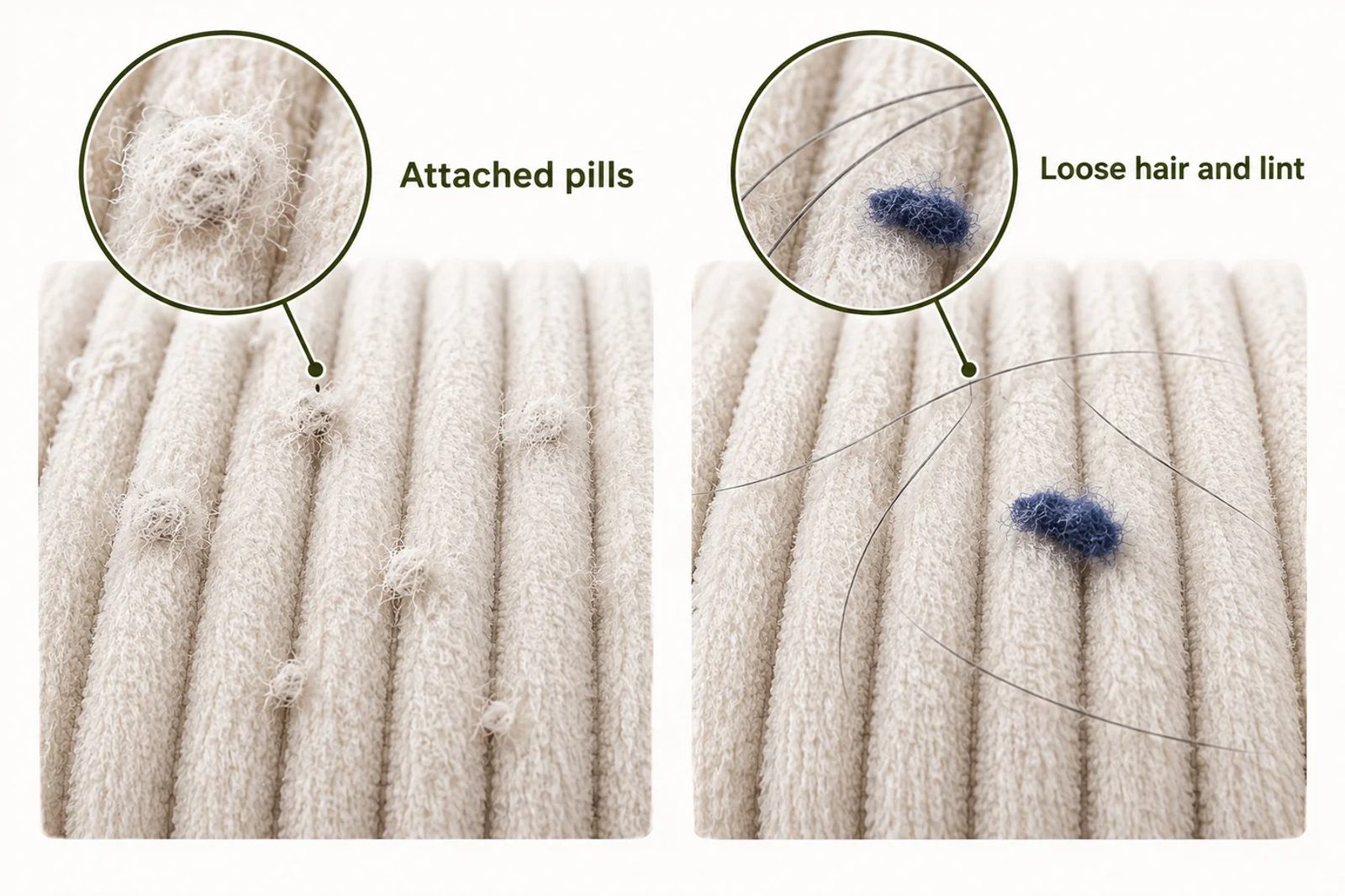 Illustration comparing attached pills with loose hair and lint on cream corduroy