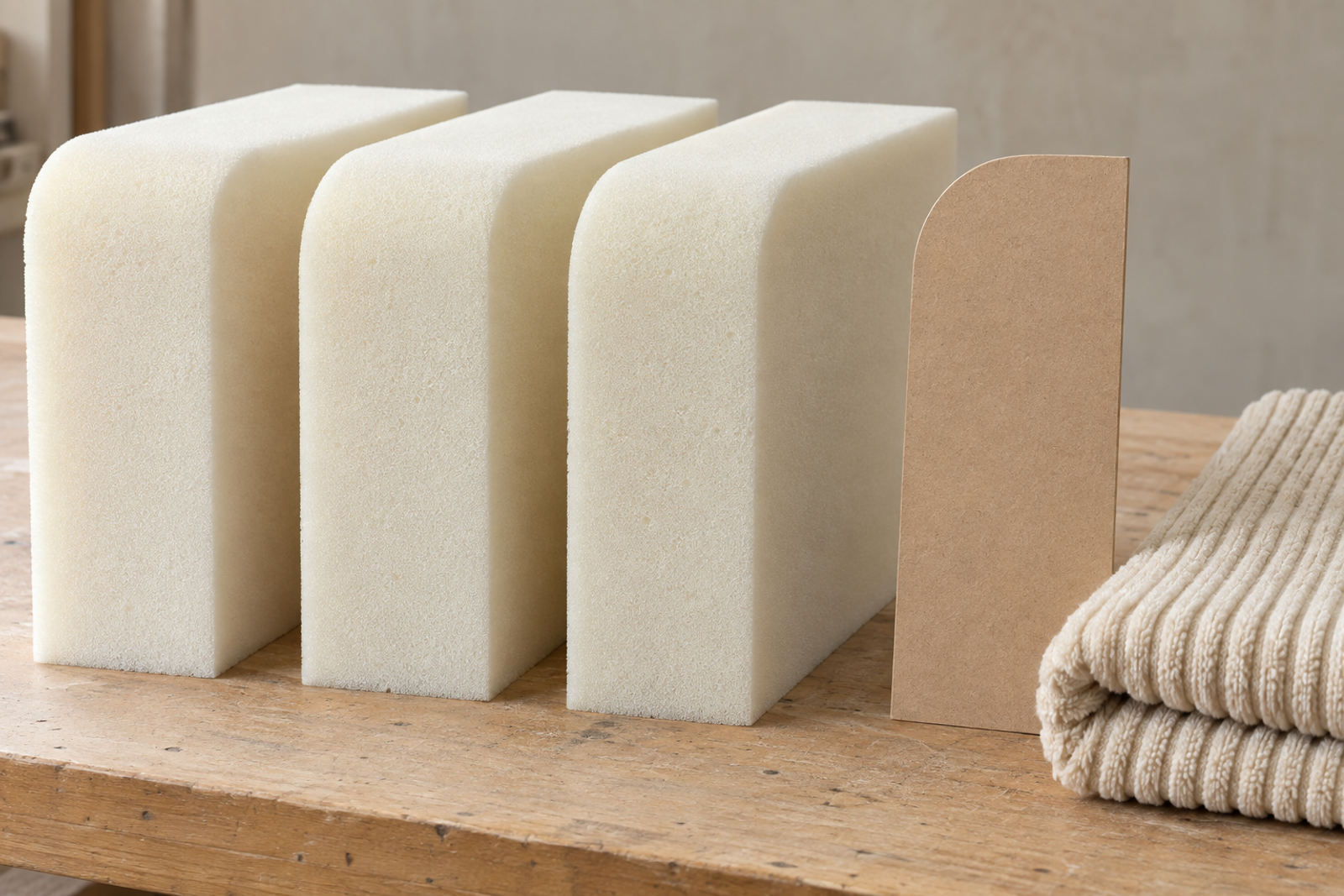 Matching rounded foam profiles beside a contour template and broad-ribbed cream upholstery