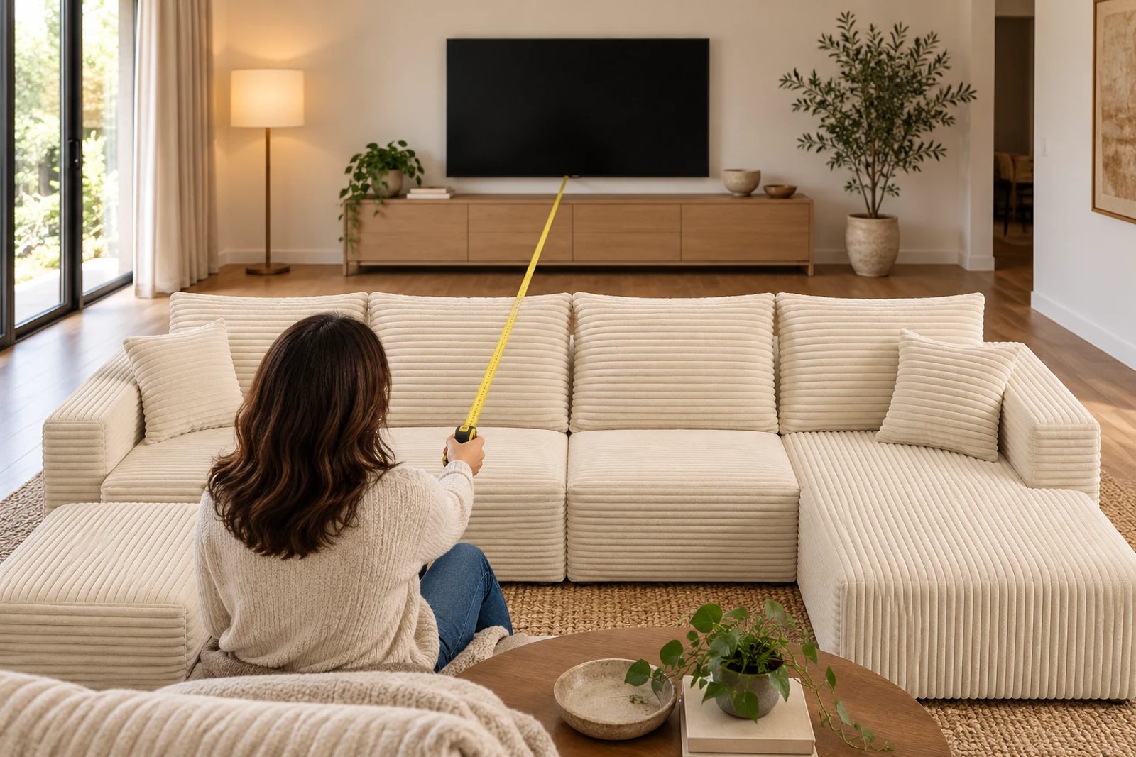 Measure from the viewing position to the screen, not from the sofa front to the console.