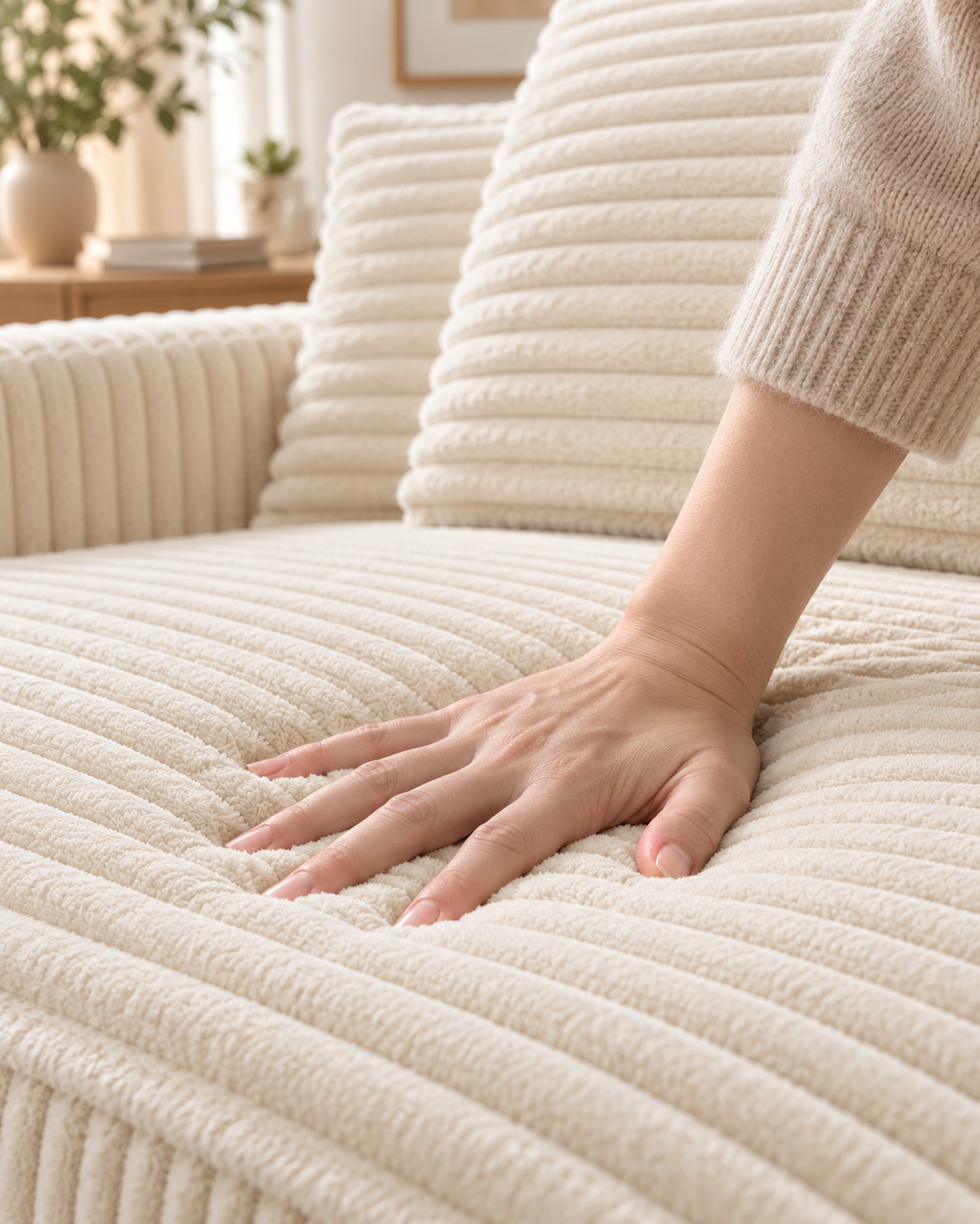 A hand pressing the wide-wale corduroy seat of a cream-white compressed sofa.