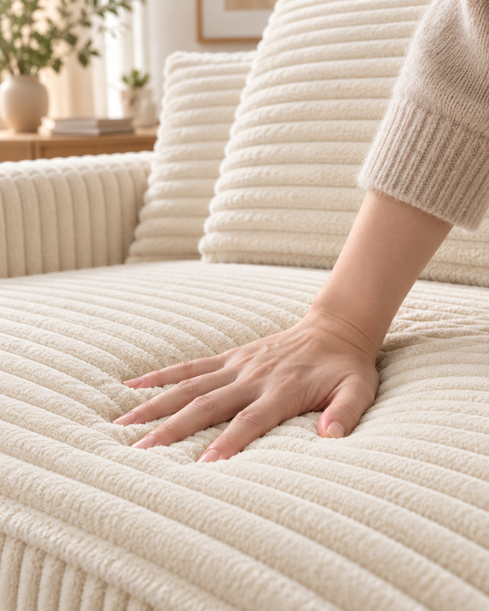 A hand pressing the wide-wale corduroy seat of a cream-white compressed sofa.