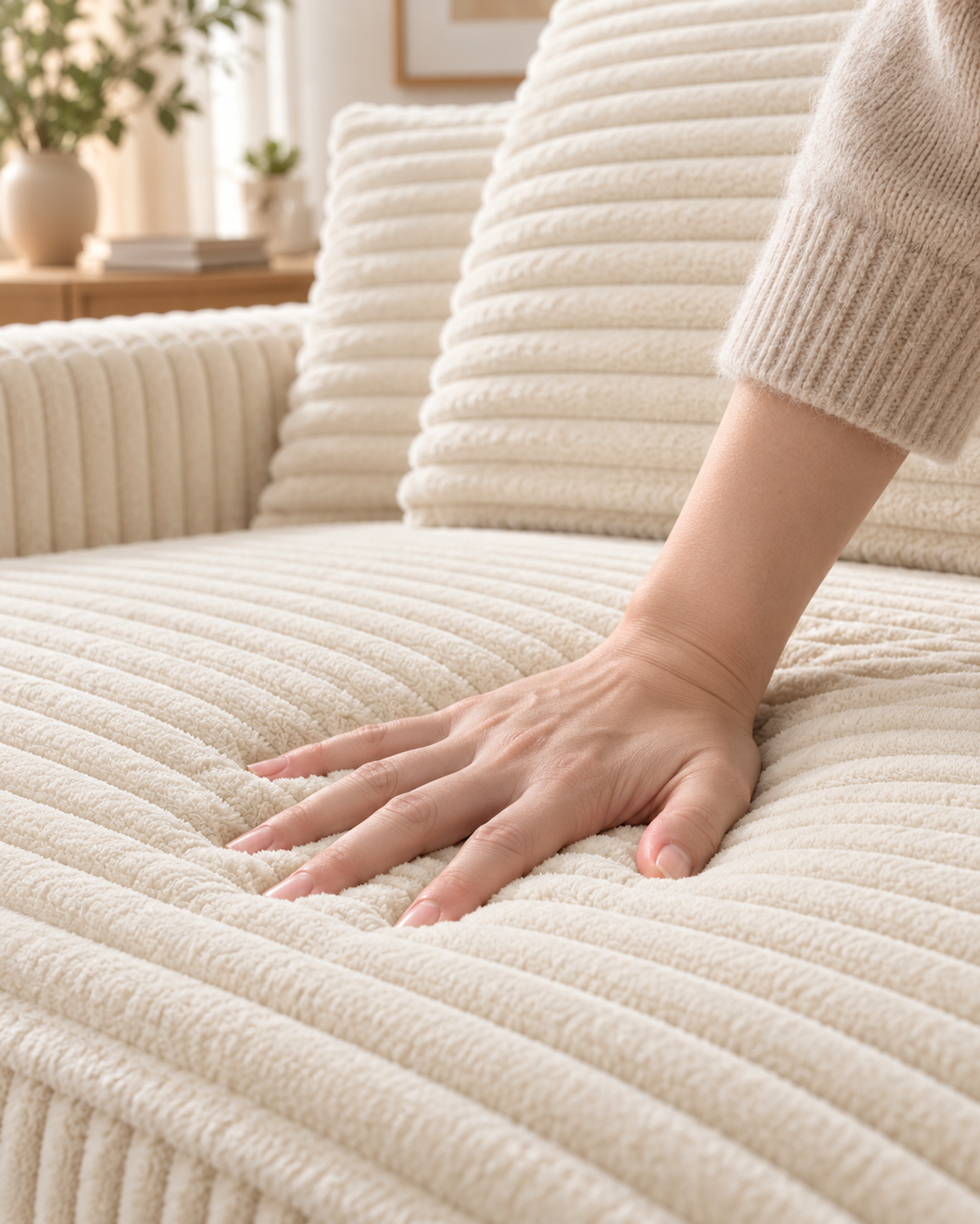 A hand pressing the wide-wale corduroy seat of a cream-white compressed sofa.