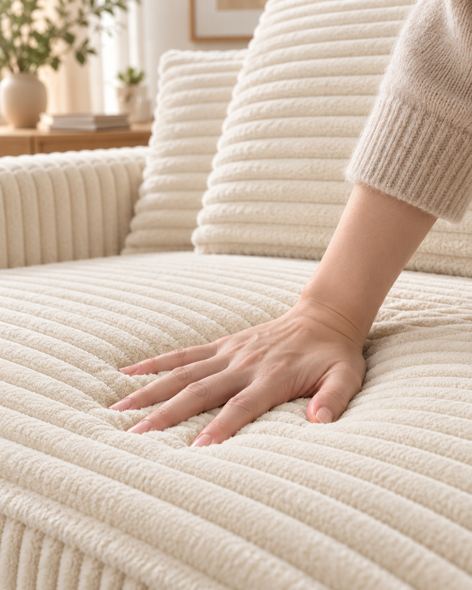 A hand pressing the wide-wale corduroy seat of a cream-white compressed sofa.