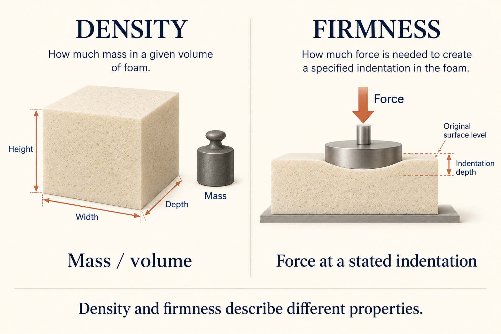 A visual explanation of density as mass per volume and firmness as resistance to compression.