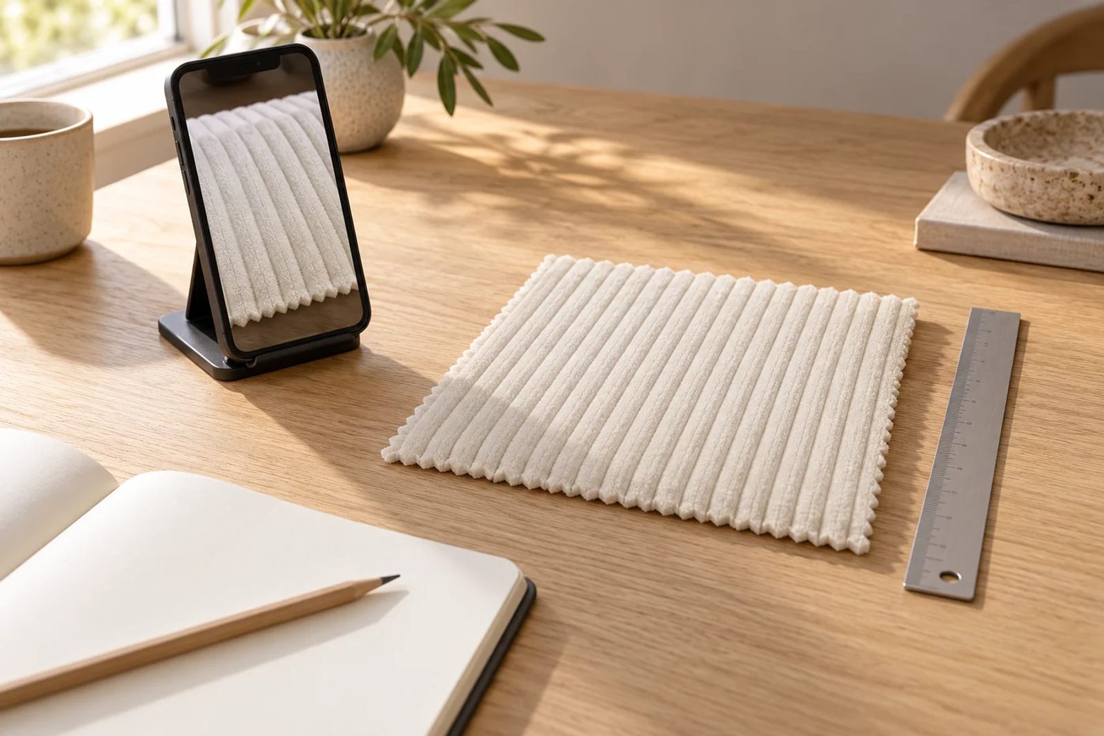 Illustration of a fabric sample, a ruler beside it, a phone and a notebook for recording appearance