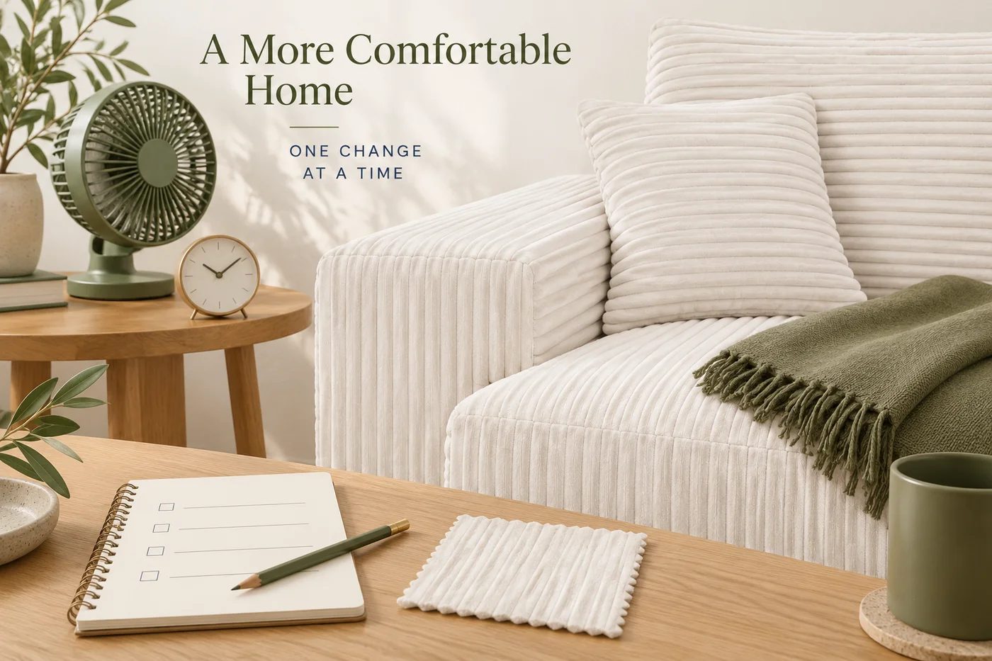 Illustration of a fabric surface, thin throw, fan and blank observation notebook