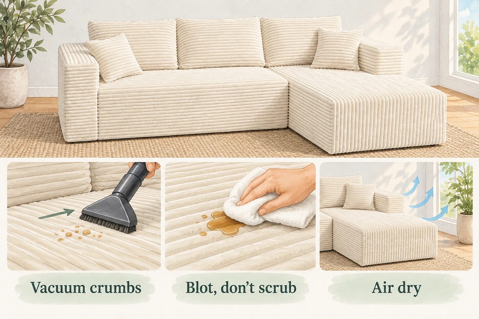 A three-step corduroy-care illustration shows gentle vacuuming, blotting with a white cloth and ordinary airflow for drying.