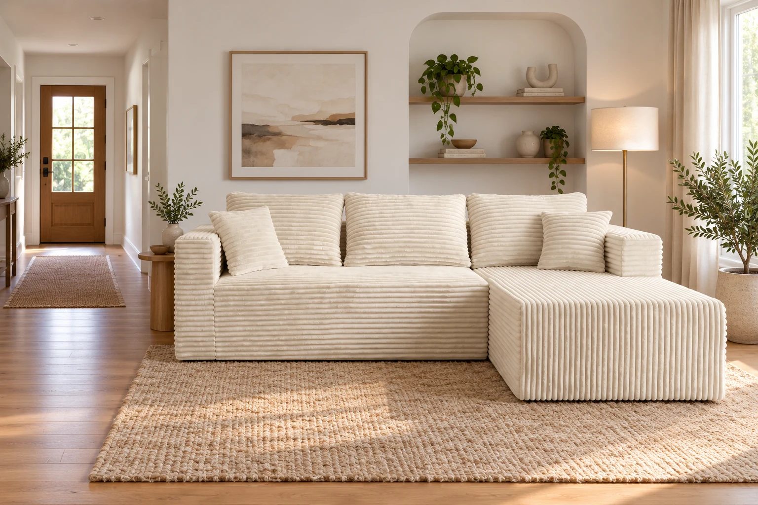A cream corduroy L-shaped sectional leaves a clear approach along its left side from the room entrance.