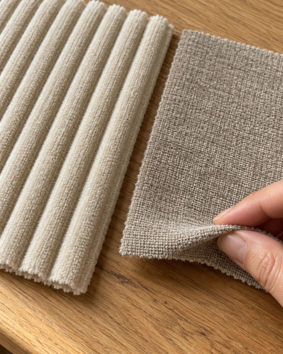 Cream wide-wale corduroy beside a fine fuzzy greige woven chenille sample