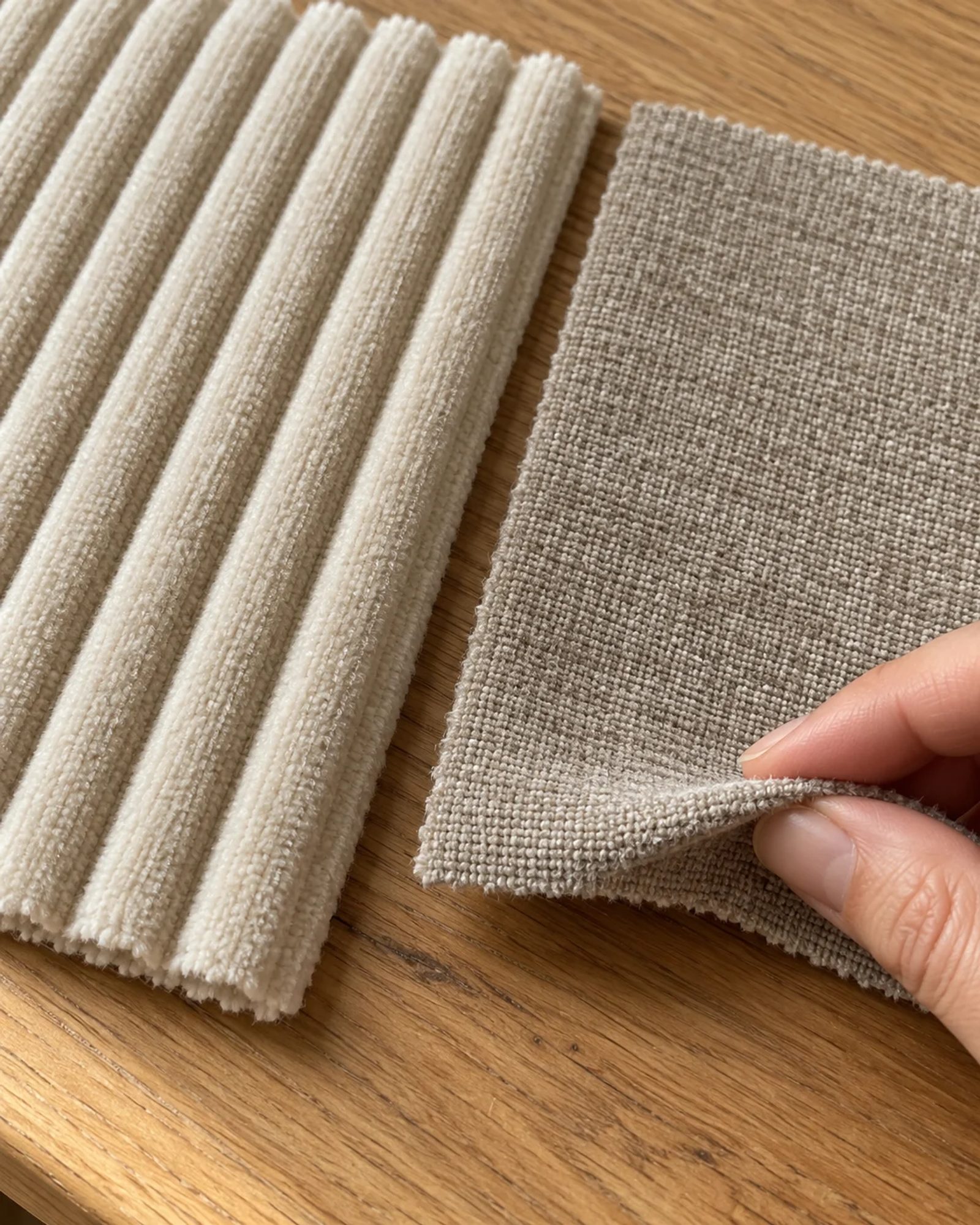 Cream wide-wale corduroy beside a fine fuzzy greige woven chenille sample