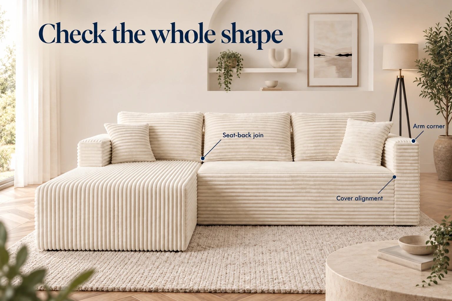 A cream sectional illustration identifies its arm corner, seat-back join and cover alignment for a whole-shape inspection.