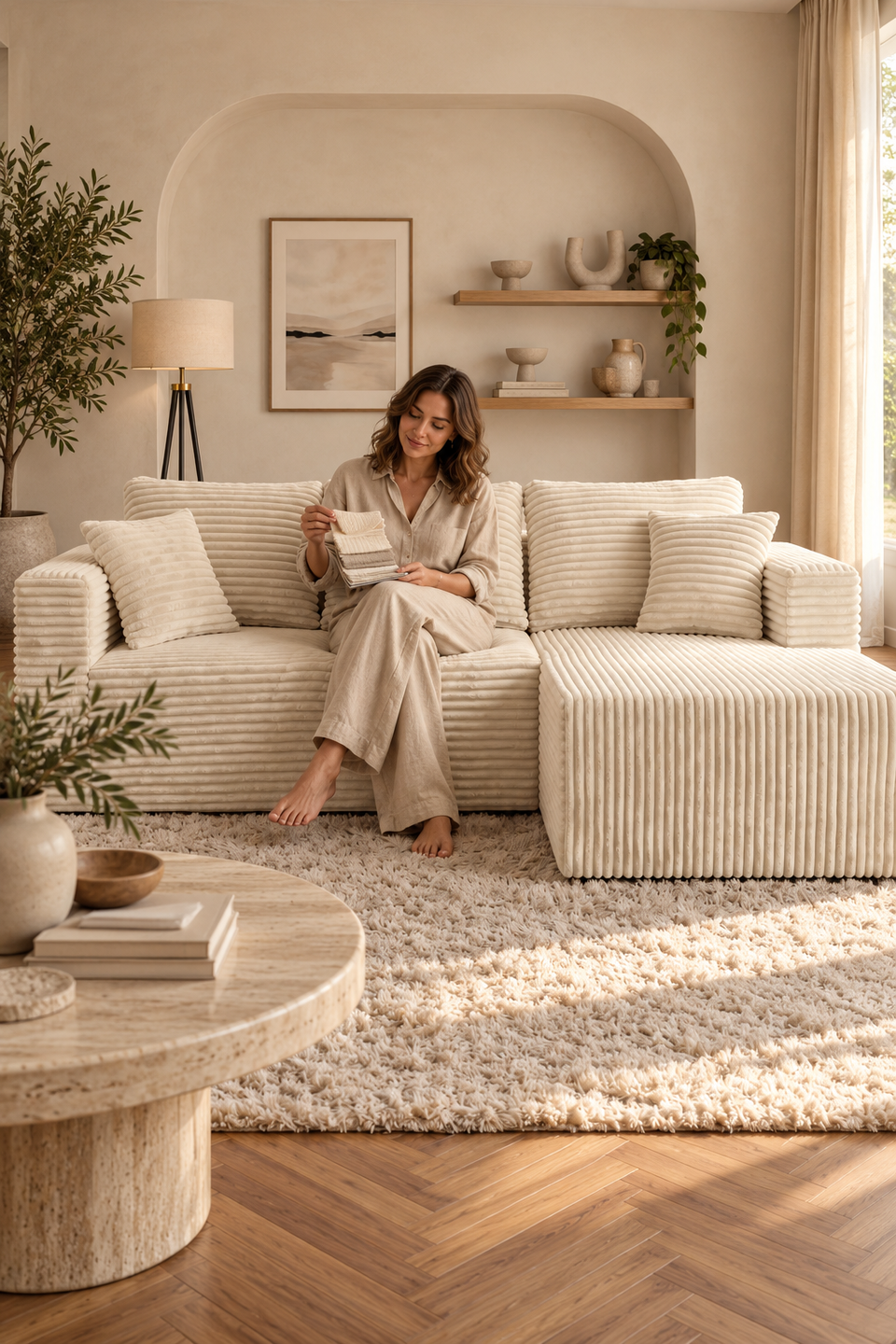 Woman examining textile swatches on a cream-white wide-wale corduroy compressed sofa.