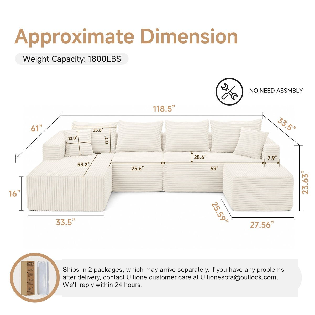 Big U right-arm compressed sofa dimensions; 2 packages; contact Ultionesofa@outlook.com