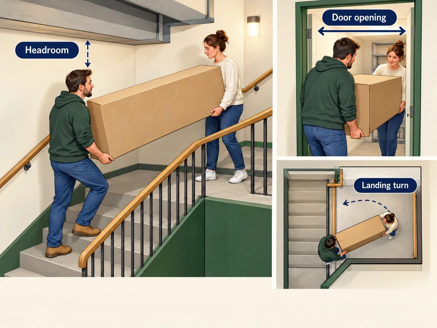 A cutaway illustration identifies the door opening, landing turn and headroom along a basement delivery route.