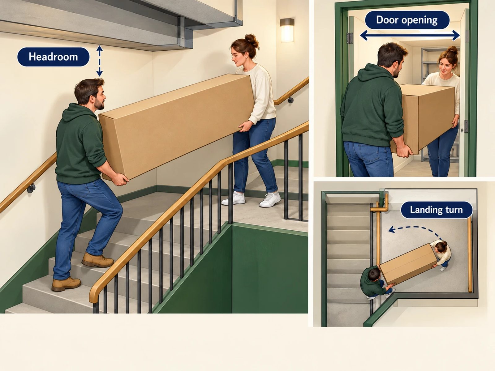 A cutaway illustration identifies the door opening, landing turn and headroom along a basement delivery route.
