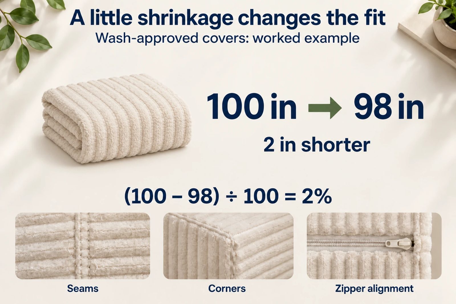 Worked cover-sizing example: a 100-inch fabric panel becoming 98 inches is a 2% length reduction.