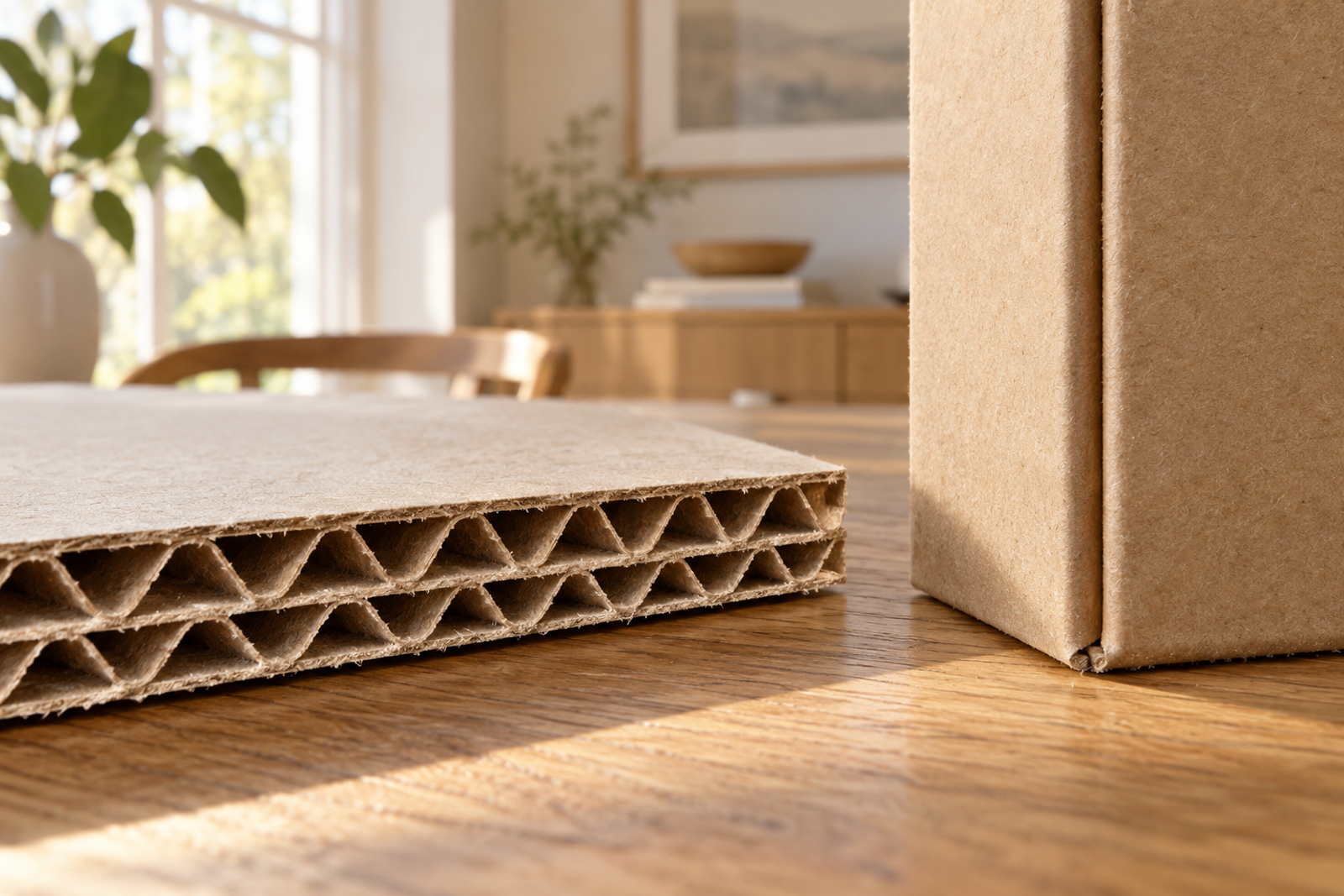 Close view of corrugated board liners and fluted layers.