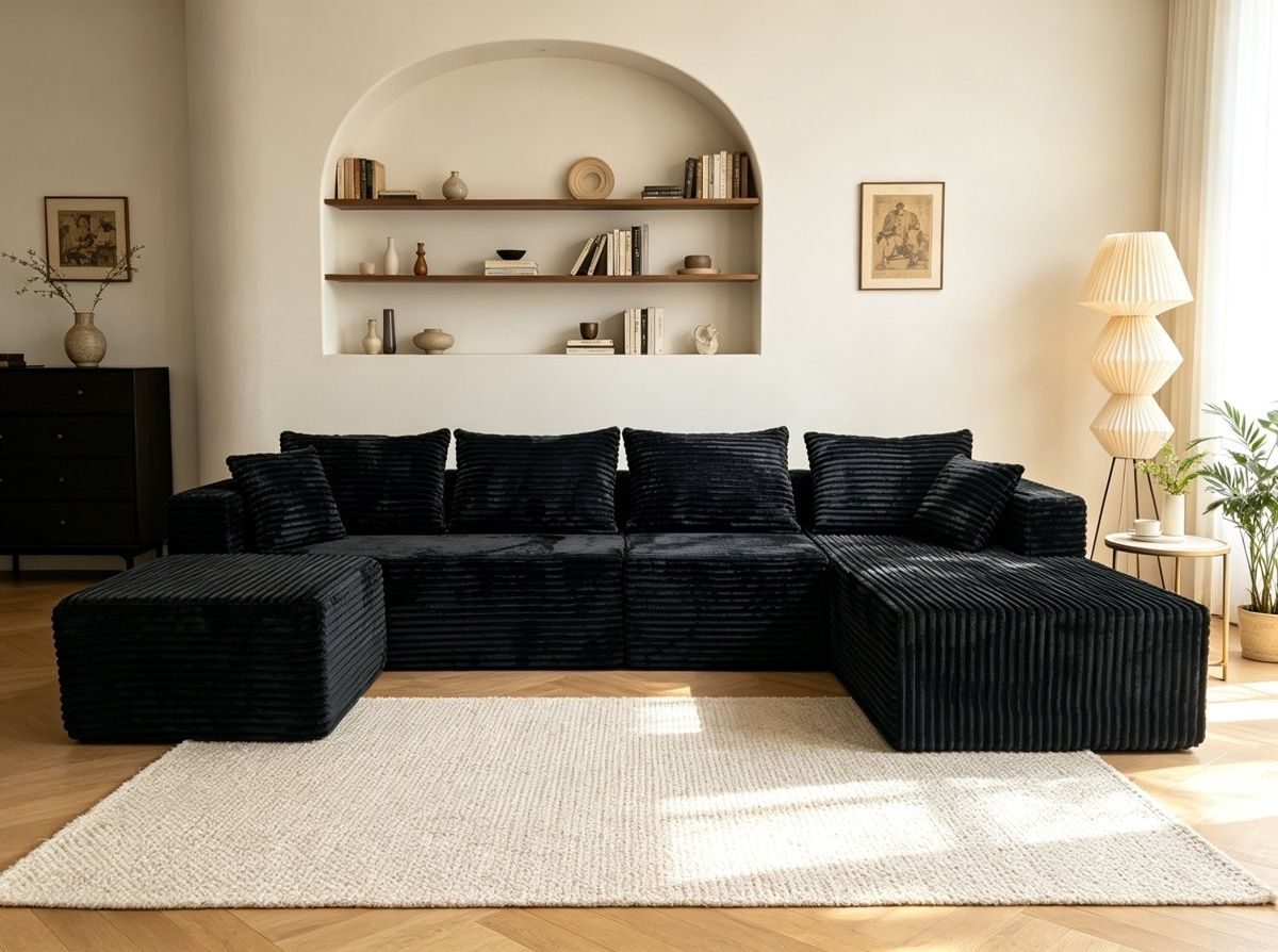 Jet black Ultione The Big U compressed sofa shown in its full U-shaped layout
