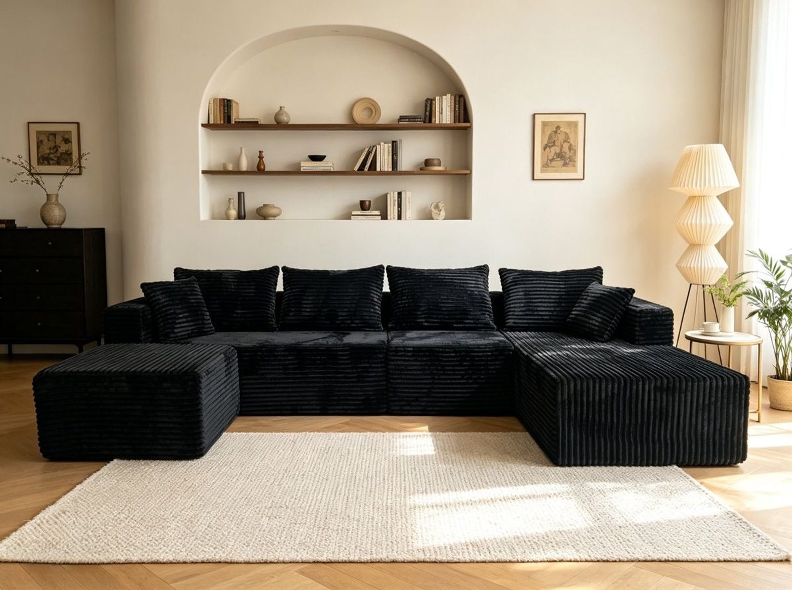 Jet black Ultione The Big U compressed sofa shown in its full U-shaped layout