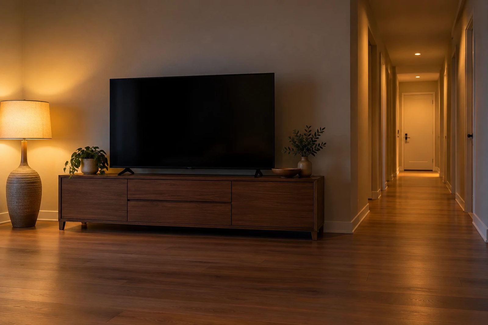 Keep lights out of the screen reflection and viewers’ eyes while preserving a visible exit route.
