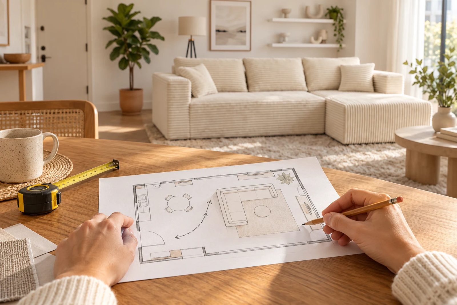 Hands review an apartment layout on paper with a pencil and tape while the corduroy sectional sits beyond.