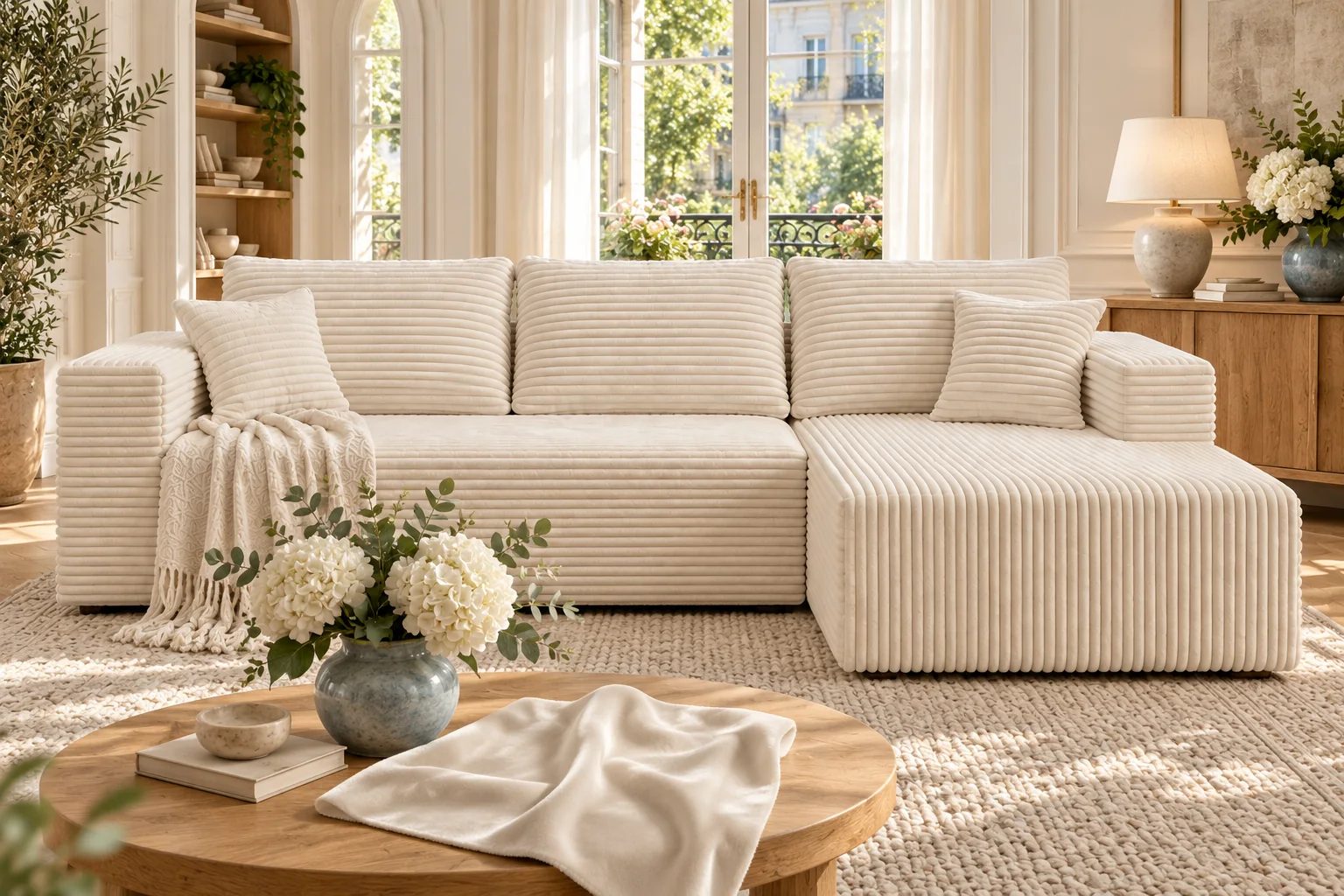 Cream White wide-wale corduroy on THE L compressed sofa is compared with a separate smooth velvet fabric sample.