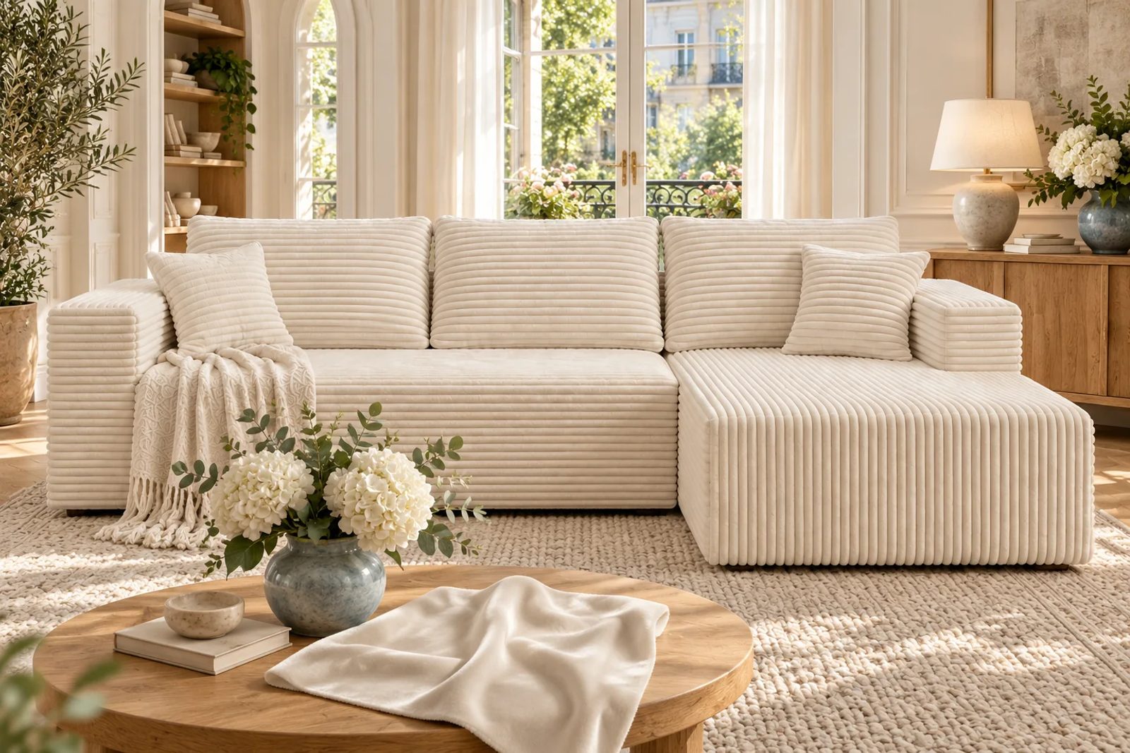 Cream White wide-wale corduroy on THE L compressed sofa is compared with a separate smooth velvet fabric sample.