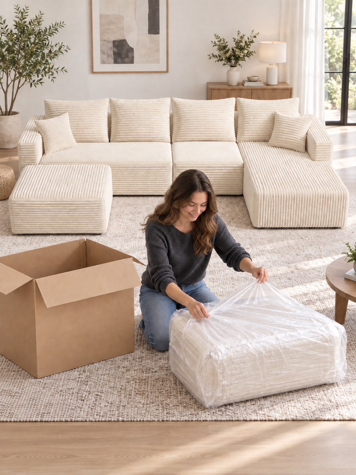 Woman opening a vacuum-packed sofa section in front of the white Ultione The Big U compressed sofa