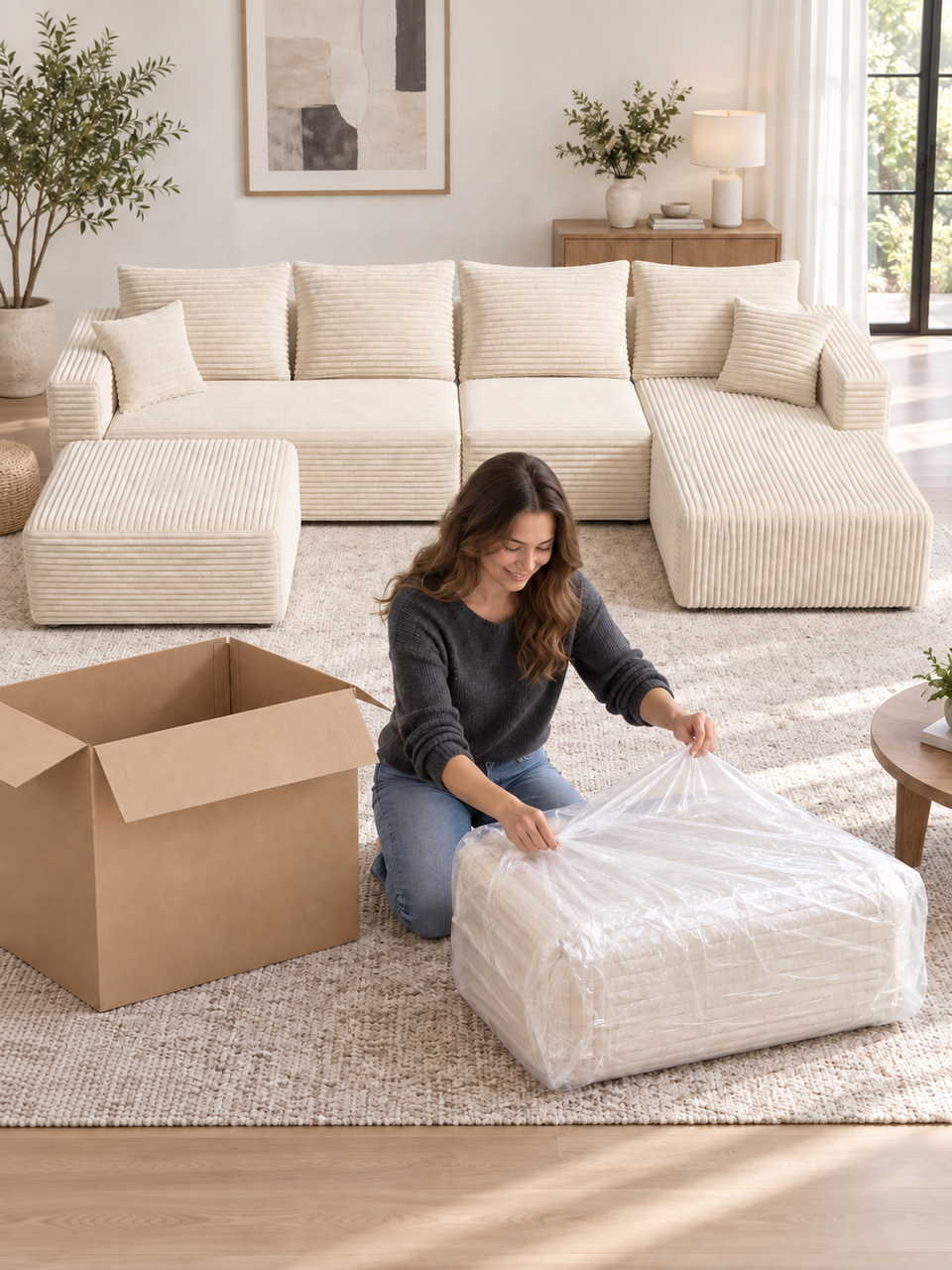 Woman opening a vacuum-packed sofa section in front of the white Ultione The Big U compressed sofa
