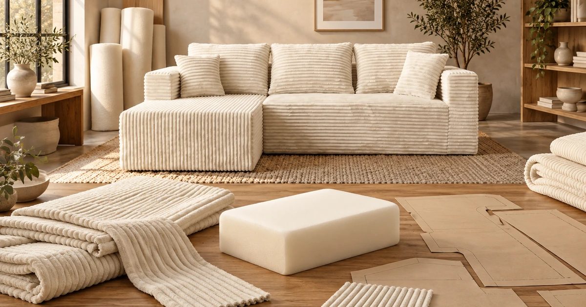 An editorial illustration pairs a cream compressed sectional with foam, upholstery panels and paper patterns.