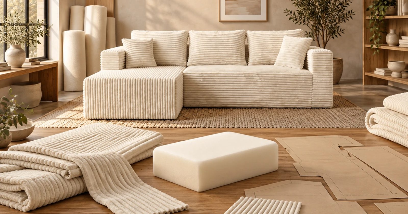 An editorial illustration pairs a cream compressed sectional with foam, upholstery panels and paper patterns.