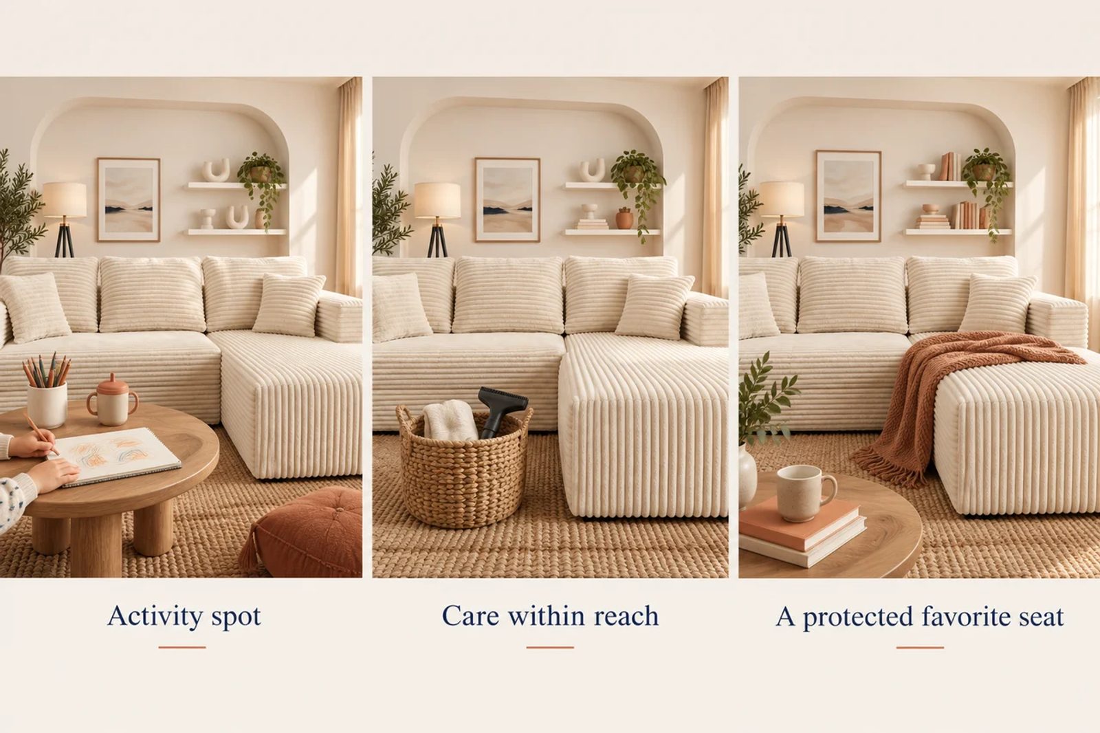 Three family-room illustrations show an activity table, nearby care tools and a protected chaise.