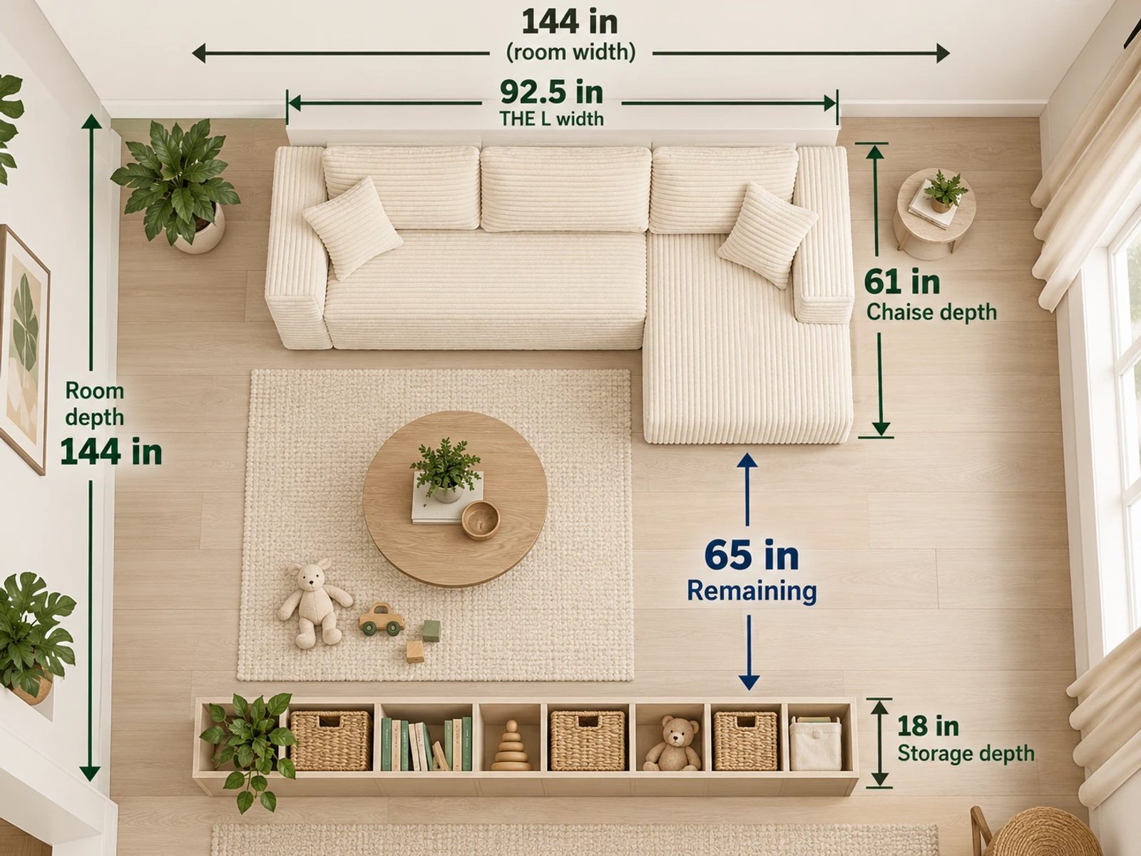 A conceptual playroom floor plan subtracts a 61-inch chaise and an 18-inch storage unit from a 144-inch room depth.