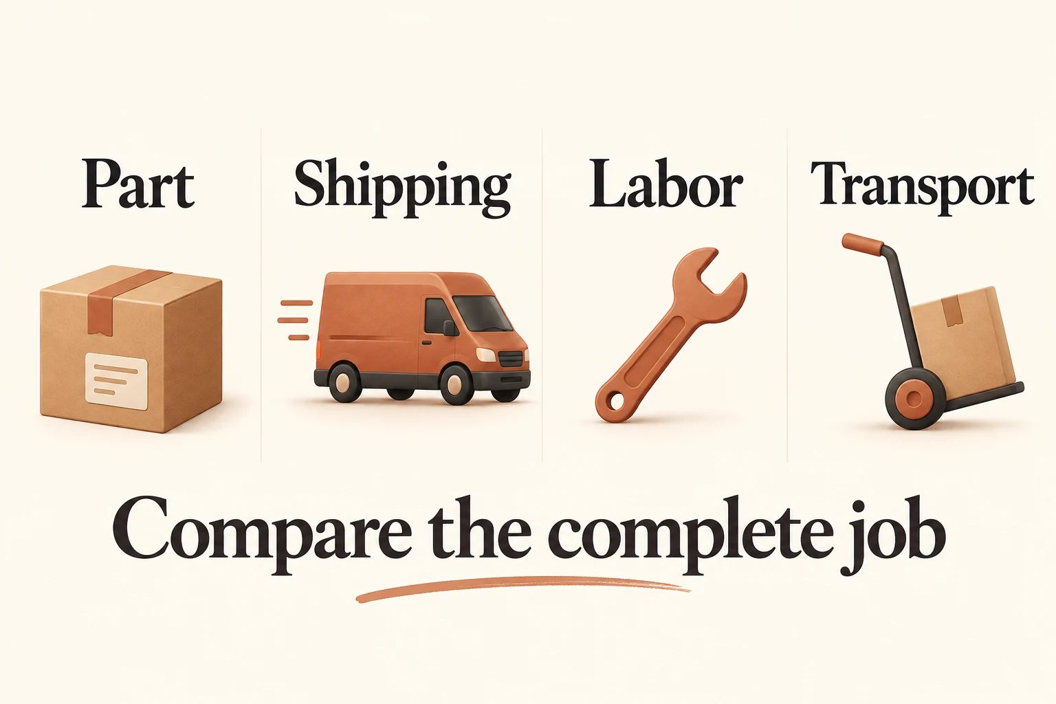 Illustrated repair-quote components: part, shipping, labor and transport.