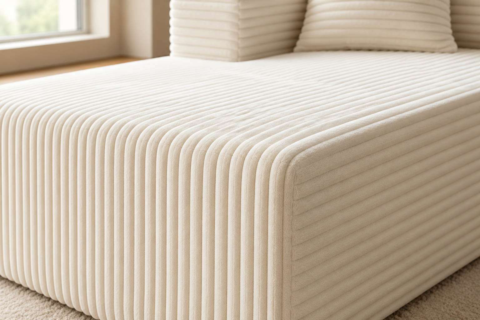 Cream-white broad corduroy ribs wrapping a softly squared seat edge