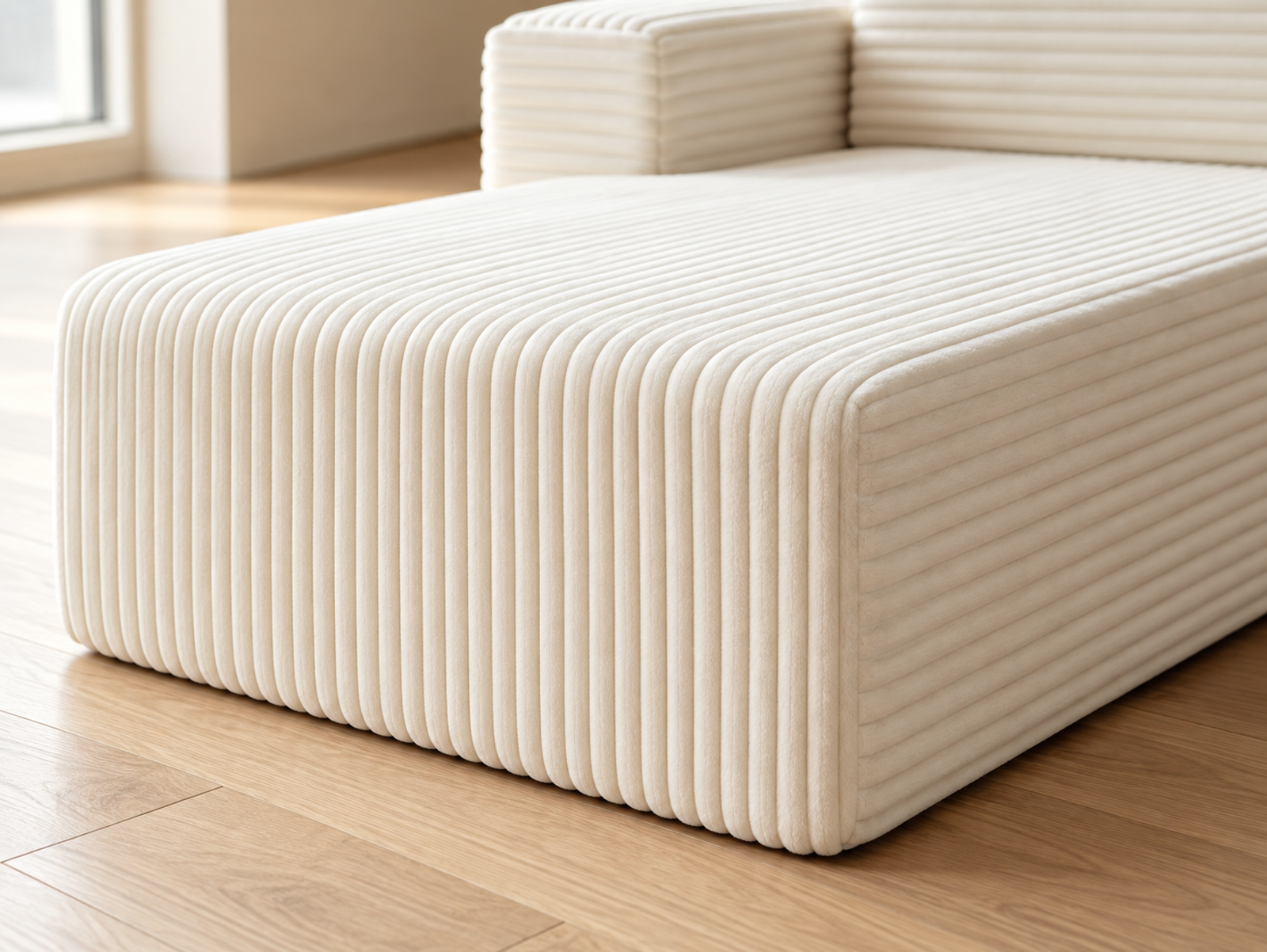An unoccupied cream corduroy chaise showing its front edge and softly rounded corner