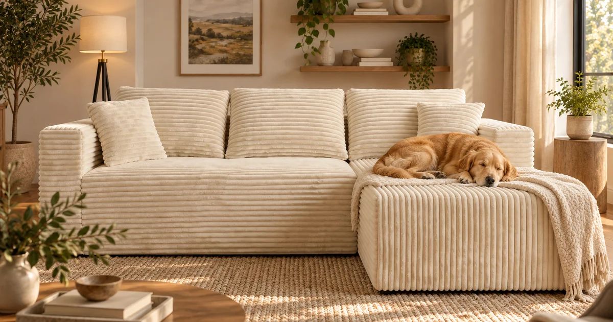 A dog rests on a throw over the chaise of a cream wide-wale corduroy THE L compressed sofa.