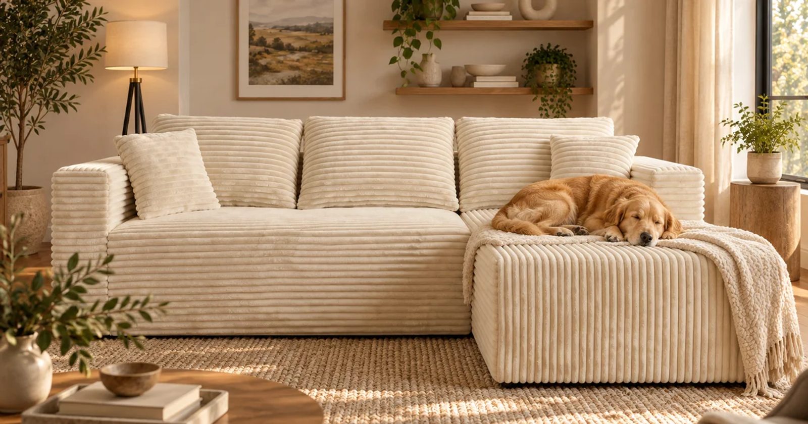 A dog rests on a throw over the chaise of a cream wide-wale corduroy THE L compressed sofa.