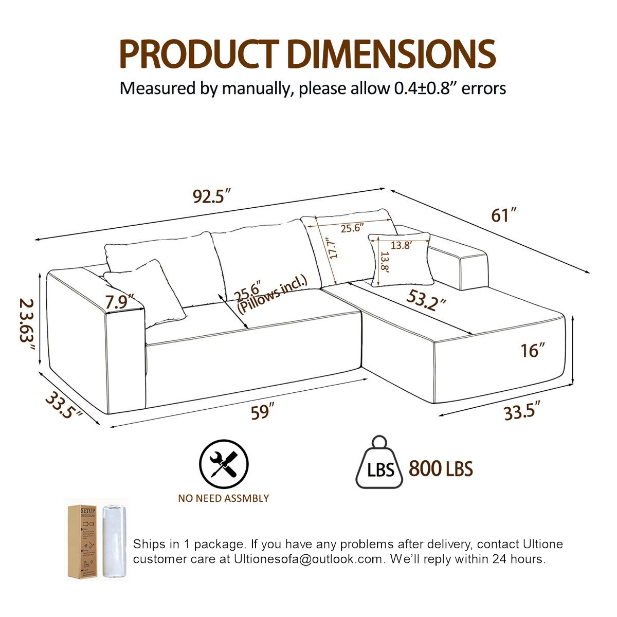 The L current PDP dimension diagram shows the chaise and main sitting area.