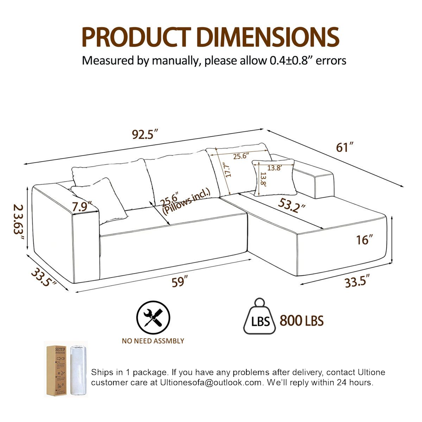 The L current PDP dimension diagram shows the chaise and main sitting area.