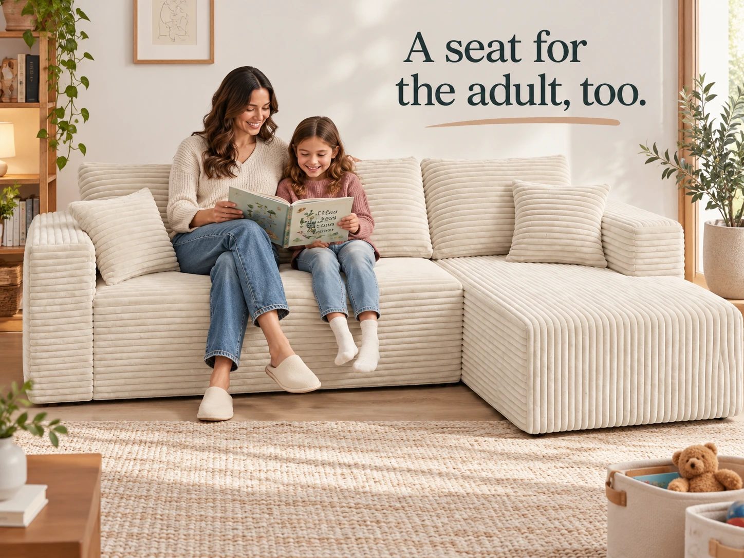 An illustrated adult and school-age child read together on a full-size wide-wale corduroy sofa, with room left for floor activities.