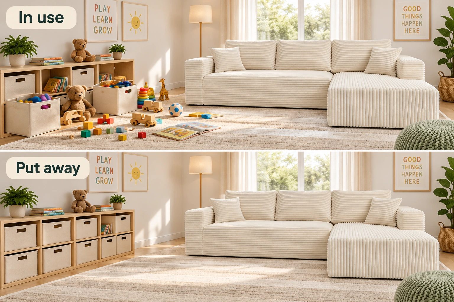 Two illustrations compare the same room with toy bins in use and with everything put away.