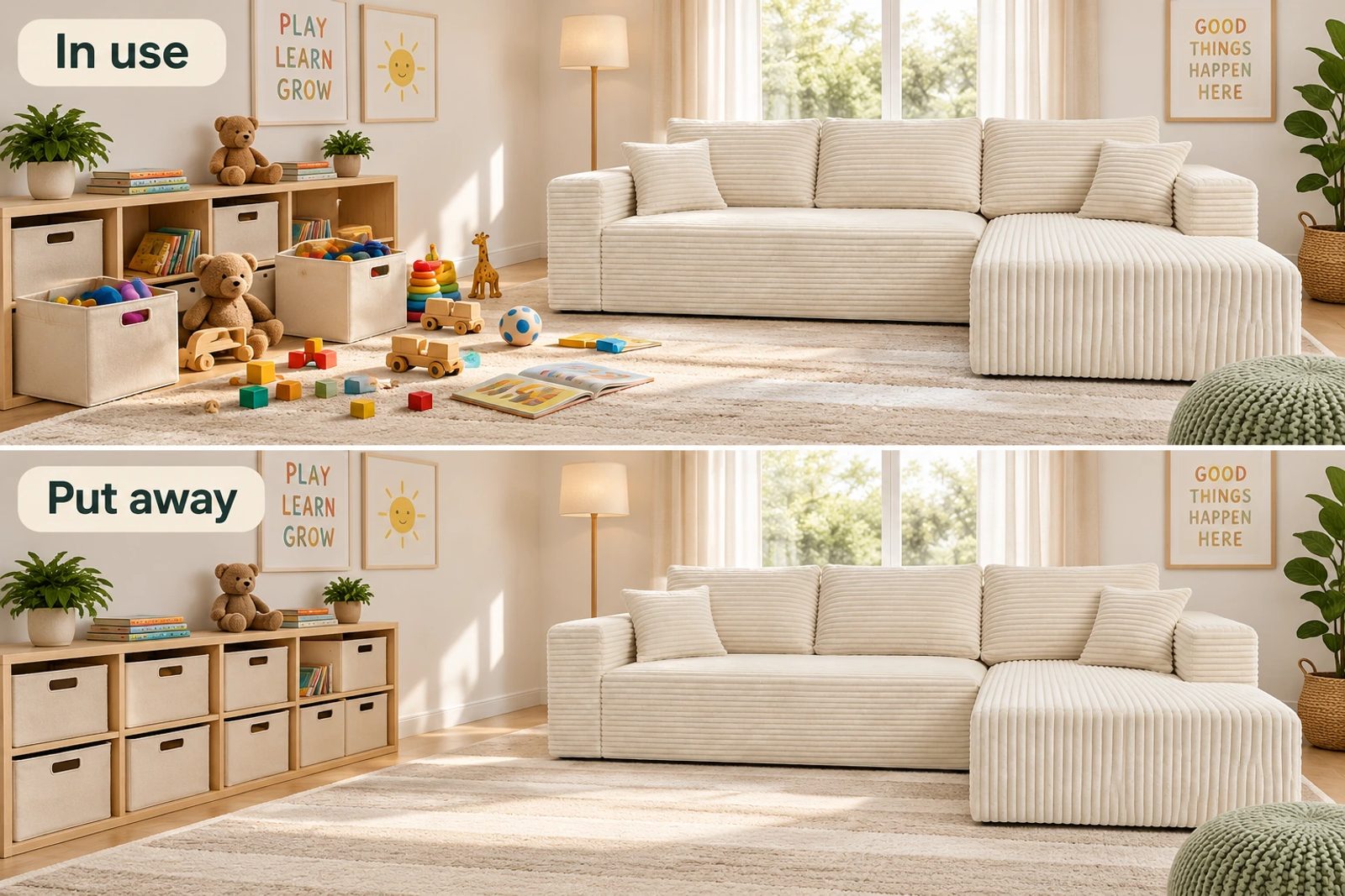 Two illustrations compare the same room with toy bins in use and with everything put away.